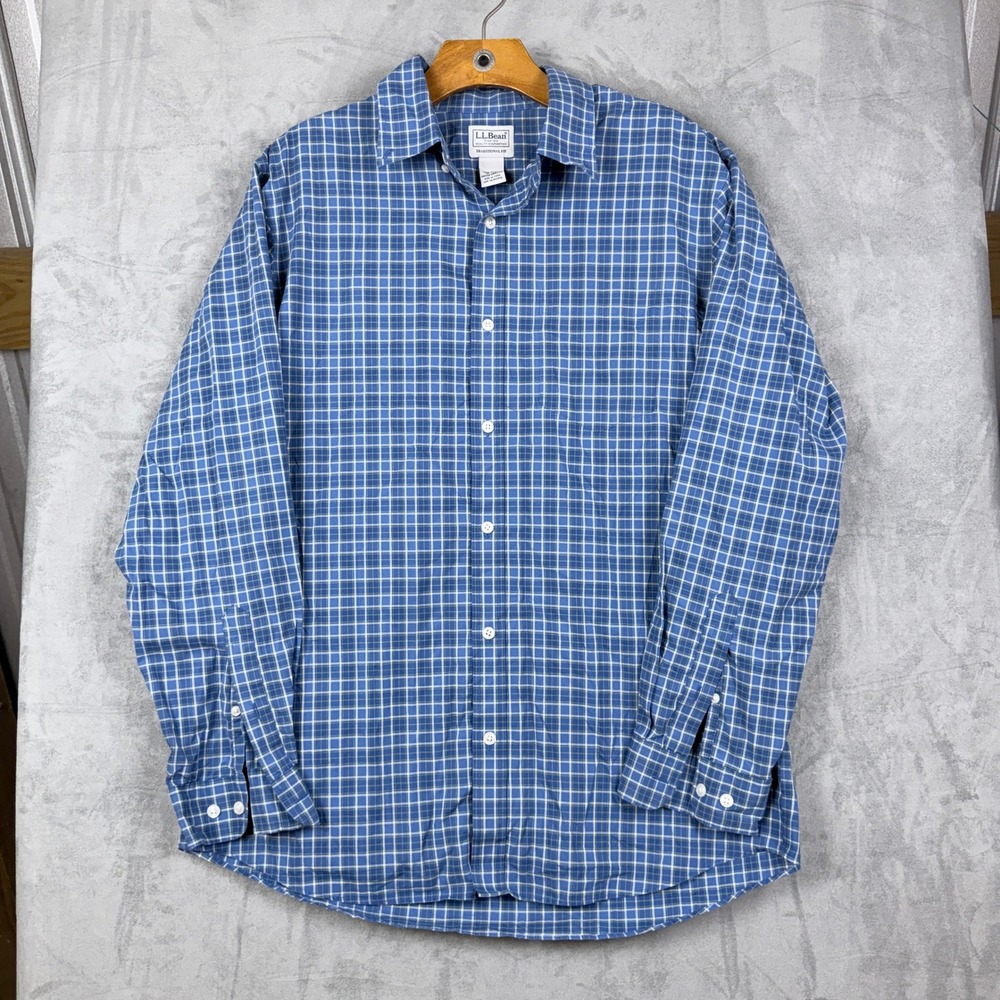 LL Bean Mens Blue Plaid Button Down Shirt Traditional Fit Cotton Medium 288292